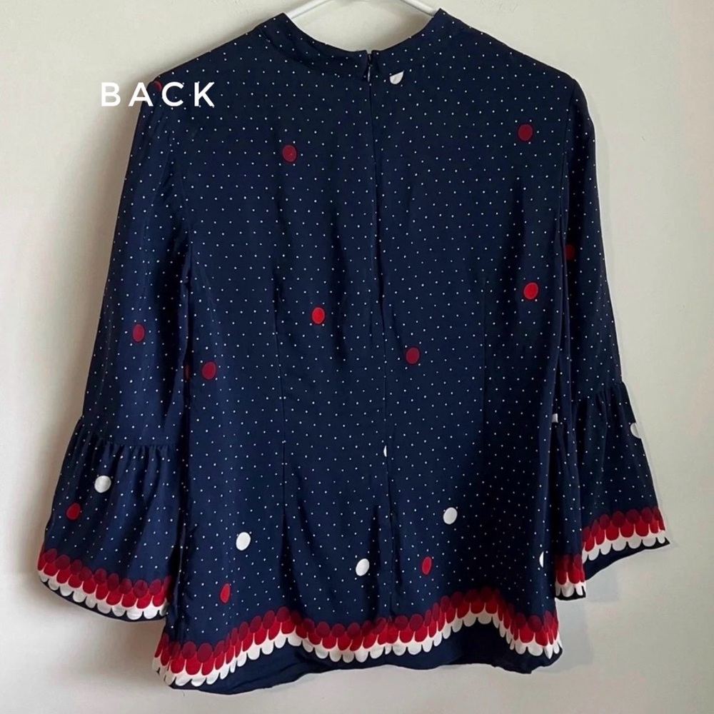 Boden navy polka dot high neck flounce sleeve blouse size 4 - Picture 2 of 3